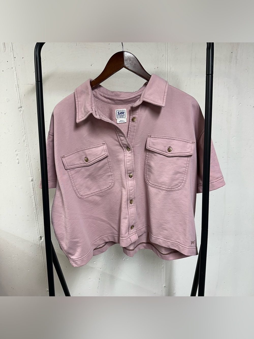 Vintage Lee Pink Short-Sleeve Button-Front Utility Crop Shirt